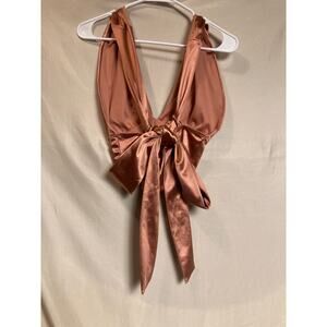 M Windsor rose gold copper satin plunge deep neckline v ties bow strap crop top